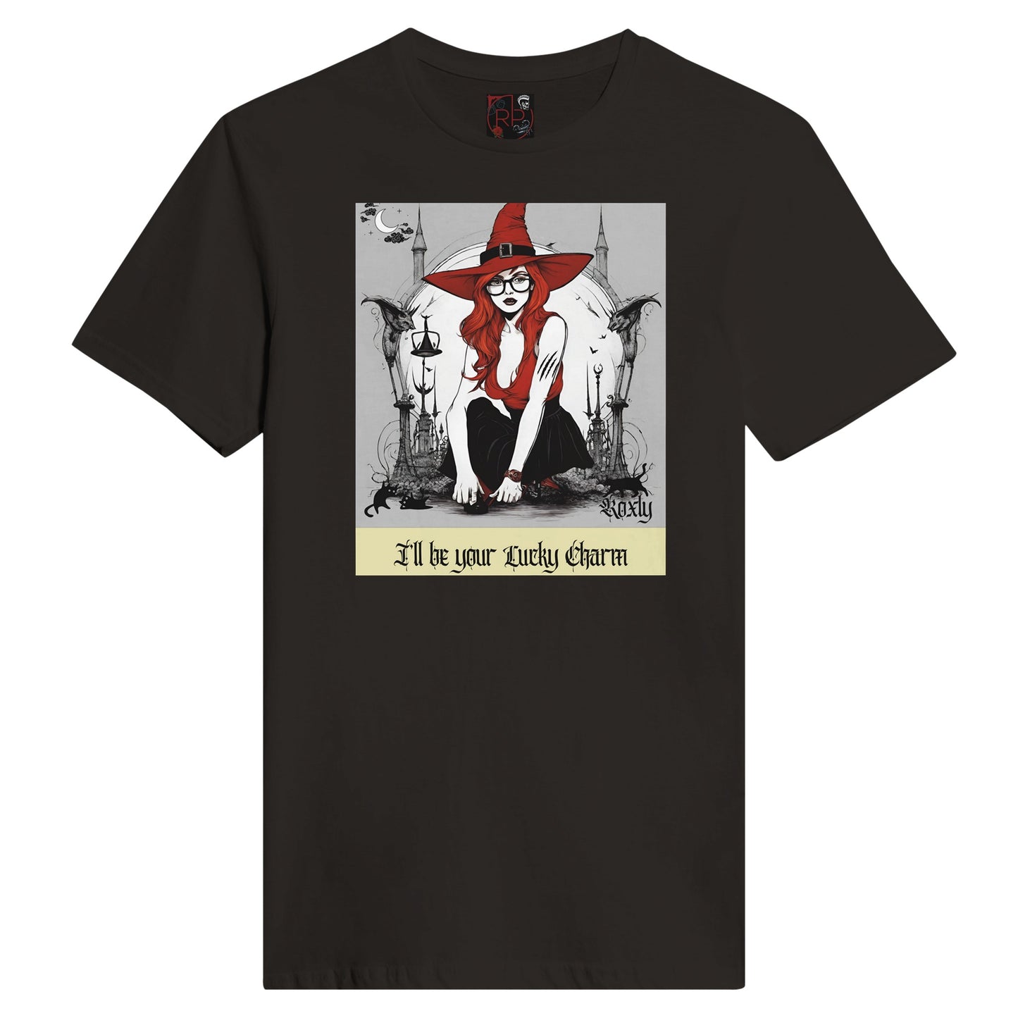 A women's Black tee shirt with a red headed witch kneeling down with a white moon in the back ground in a grey back ground. on both sides there are black gothic buildings with bat creatures on top and black cats on the bottom and a small quarter moon in black clouds in the top left.