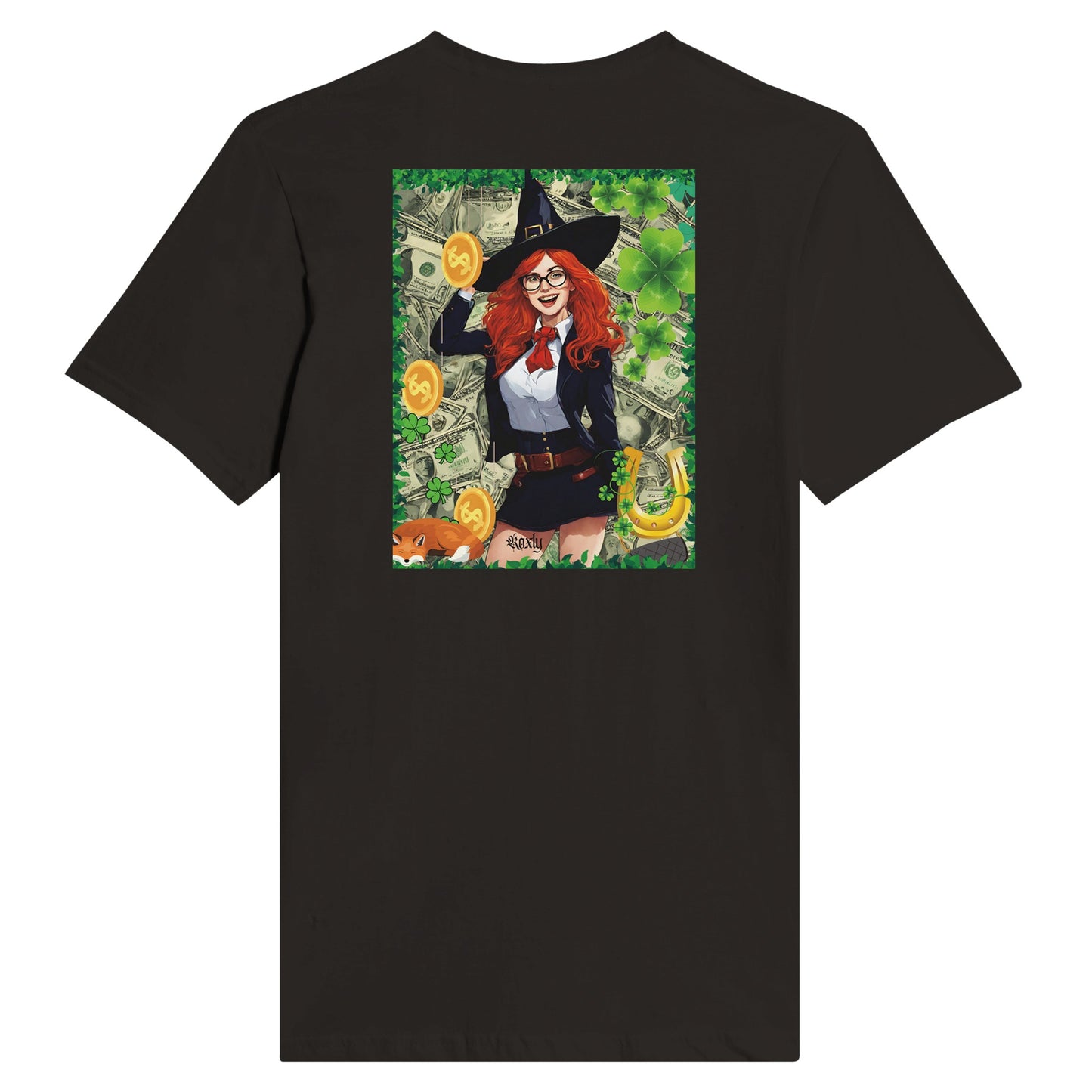 This is a women's tee shirt with images of Money in the back ground with clovers growing along the sides and top and bottom of a picture of a red headed with glasses. coins are falling from the sky with a fox resting at the bottom. the witch seems to be holding a lucky horse shoe as she is surrounded by money.