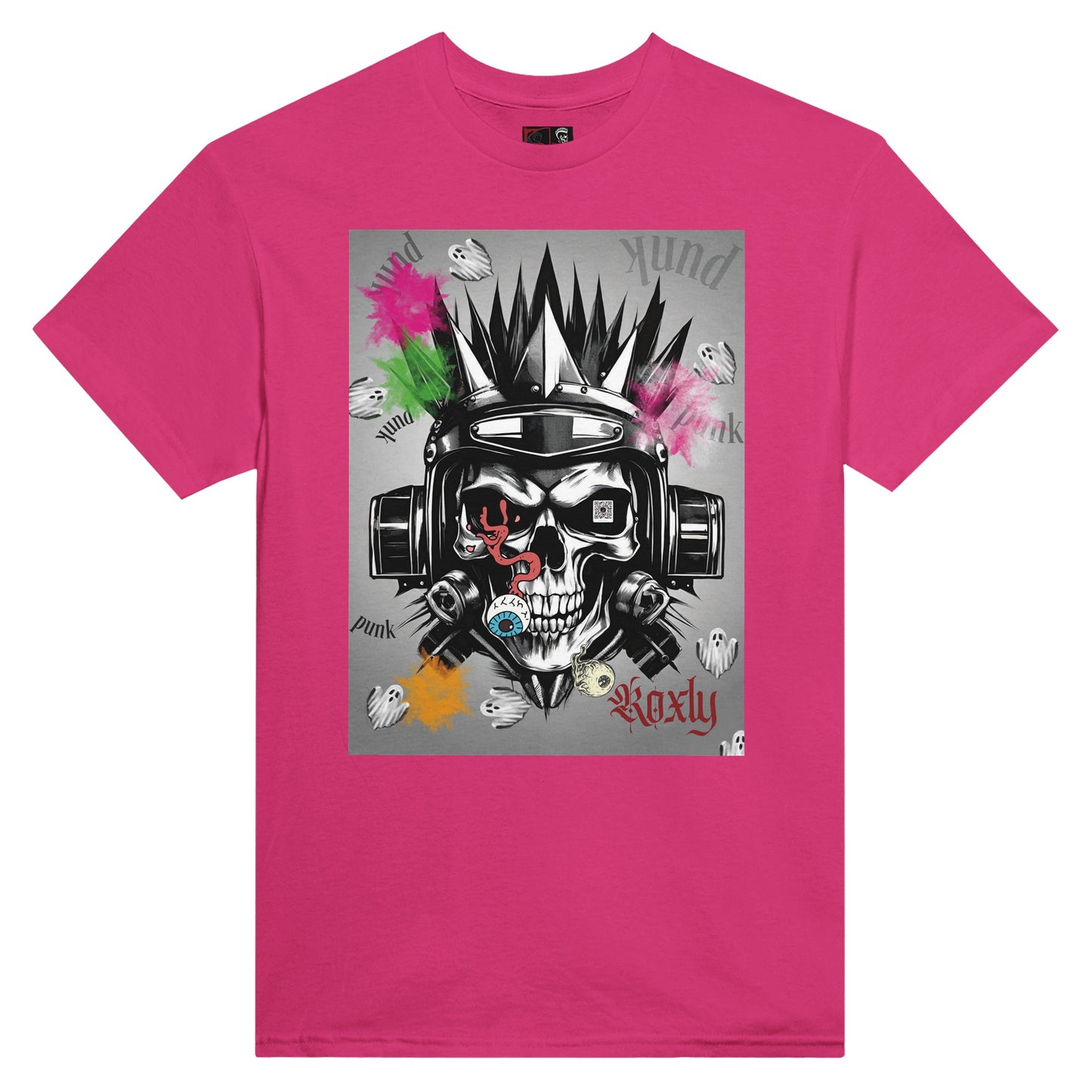 This is a picture of a Shirt for sale pink in color. tagged descriptions are Unleash your inner rebel with our "Crowned Skull" Graphic T-shirt. This punk-inspired shirt features a bold spray paint design, complete with a ghostly skull king wearing headphones. Don't be afraid to rock this edgy look - after all, heavy is the crown, and this shirt will have all eyes falling out."