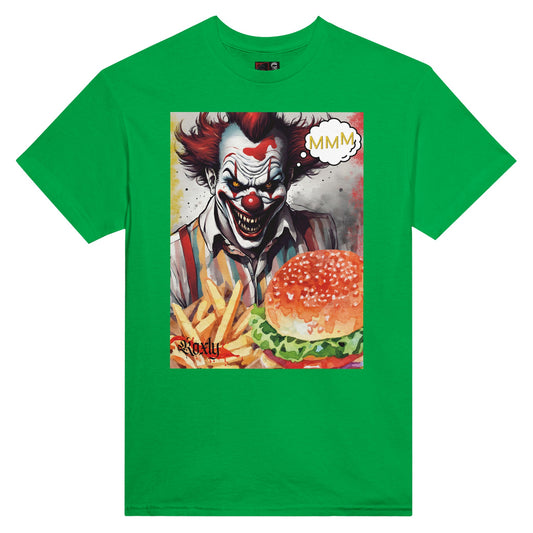 This is a picture of roxly persona's green graphic tee shirt. The shirt has an evil looking clown smiling in the back with cloud thought MMM. In front is displayed a tasty looking burger and fries.