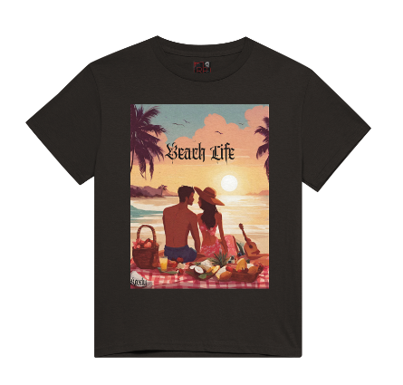 "Beach Life" men's graphic t-shirt. The shirt itself is black in color. Made of soft and breathable cotton, this shirt embodies the perfect beach day with a romantic scene full of warm colors, it features a couple enjoying a sunset picnic surrounded by palm trees by the ocean. Let the bold design and adventurous spirit inspire your next adventure!" This is a Mike Roxly collection T-shirt
