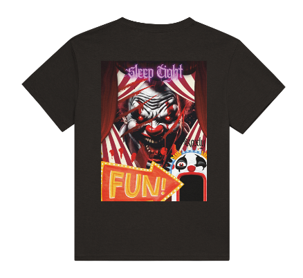 This is the back side entitled "sleep tight", features an evil looking clown peeking out of red curtains with red glowing eyes with a sign pointing to the entrance of a fun house suggesting the evil clown is waiting inside. This is part of the Mike Roxly Collection.