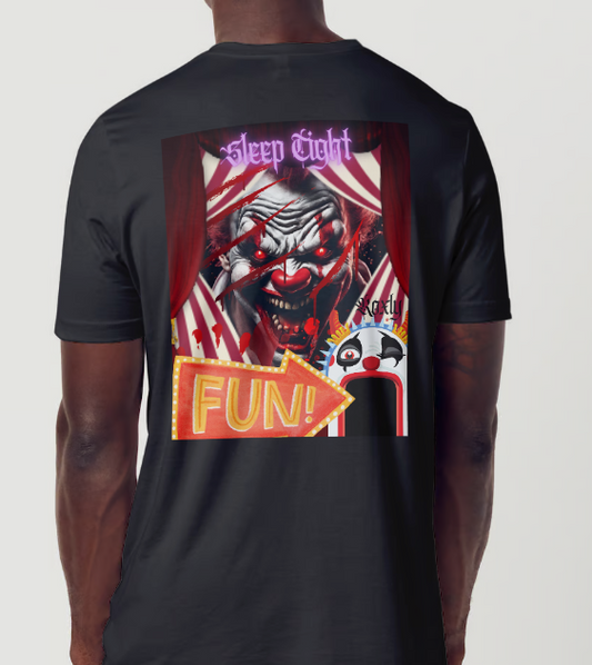 This is the back side entitled "sleep tight", features an evil looking clown peeking out of red curtains with red glowing eyes with a sign pointing to the entrance of a fun house suggesting the evil clown is waiting inside. This is part of the Mike Roxly Collection.