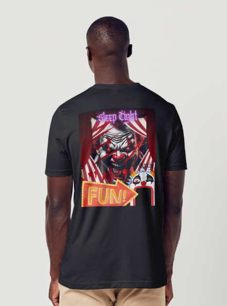 This is the back side entitled "sleep tight", features an evil looking clown peeking out of red curtains with red glowing eyes with a sign pointing to the entrance of a fun house suggesting the evil clown is waiting inside. This is part of the Mike Roxly Collection.