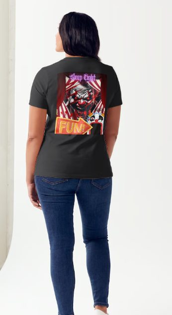 The back side entitled "sleep tight", features an evil looking clown peeking out of red curtains with red glowing eyes with a sign pointing to the entrance of a fun house suggesting the evil clown is waiting inside. This is part of the Mike Roxly Collection.