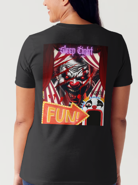 The back side entitled "sleep tight", features an evil looking clown peeking out of red curtains with red glowing eyes with a sign pointing to the entrance of a fun house suggesting the evil clown is waiting inside. This is part of the Mike Roxly Collection.