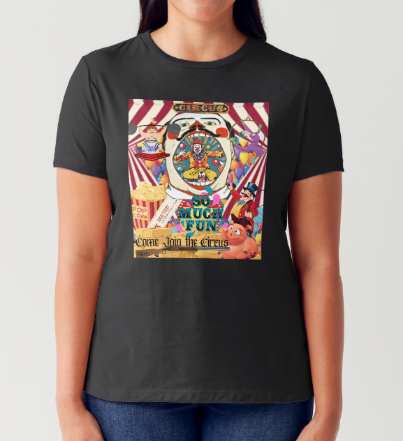 "Embrace the thrill of risk with our black cotton "Come Join the Circus", evil clown shirt. Perfect for the circus or fun house, this regular fit shirt features a happy pig, shotgun, and circus handler, all surrounded by colorful balloons. Dare to be bold and stand out in this daring women's shirt!"