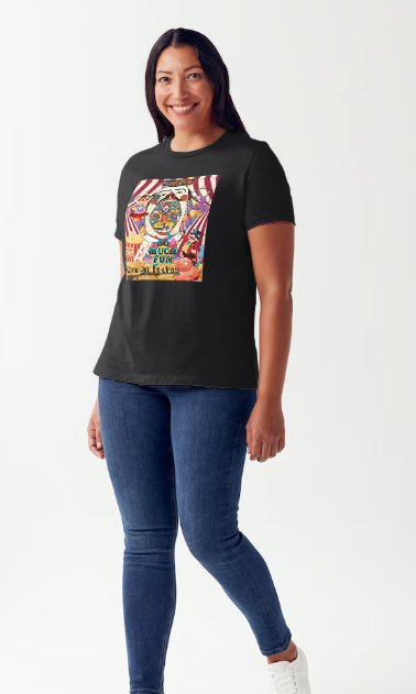 "Embrace the thrill of risk with our black cotton "Come Join the Circus", evil clown shirt. Perfect for the circus or fun house, this regular fit shirt features a happy pig, shotgun, and circus handler, all surrounded by colorful balloons. Dare to be bold and stand out in this daring women's shirt!"
