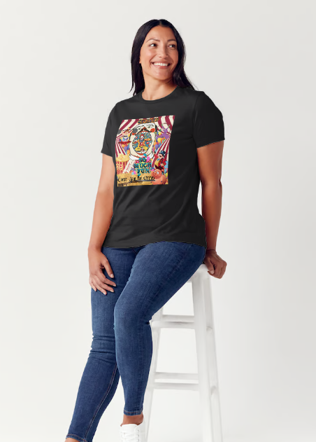 "Embrace the thrill of risk with our black cotton "Come Join the Circus", evil clown shirt. Perfect for the circus or fun house, this regular fit shirt features a happy pig, shotgun, and circus handler, all surrounded by colorful balloons. Dare to be bold and stand out in this daring women's shirt!"