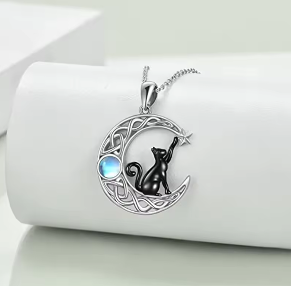 Women's Black Cat in Moon Necklace