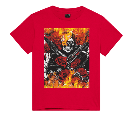 This men's shirt entitled "Flaming Skull" features a guitarist with a skull face walking in flames from hell holding 2 guitars crossed together with roses spread around the t-shirt because why not. Who doesn't like smelling like roses? available in Red and Black colors and sizes Small to XX-Large variations.