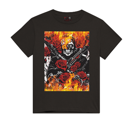 This men's shirt entitled "Flaming Skull" features a guitarist with a skull face walking in flames from hell holding 2 guitars crossed together with roses spread around the t-shirt because why not. Who doesn't like smelling like roses? available in Red and Black colors and sizes Small to XX-Large variations.