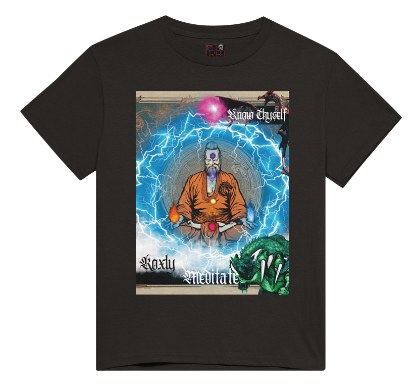 This T-shirt entitled "know thyself", features a spiritual guru with swirling energy surrounding him in meditation with fire elements in each hand and the 7-chakra energy's going through the body to remind us to ground ourselves spiritually and meditate to find peace and balance in life. There are also spiritual dragon guides in protection around the guru. Available in Black and White Color Variations and sizes Small through XX-Large. This is an authentic shirt from the Mike Roxly Collection.