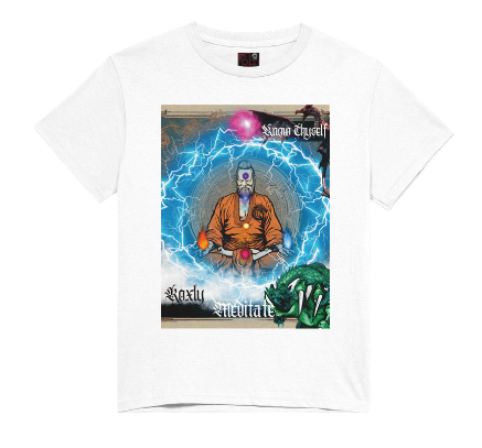 This T-shirt entitled "know thyself", features a spiritual guru with swirling energy surrounding him in meditation with fire elements in each hand and the 7-chakra energy's going through the body to remind us to ground ourselves spiritually and meditate to find peace and balance in life. There are also spiritual dragon guides in protection around the guru. Available in Black and White Color Variations and sizes Small through XX-Large. This is an authentic shirt from the Mike Roxly Collection.