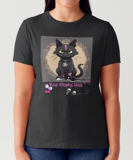 "The 'Keep Stepping Bitch' t-shirt packs a punch with its sassy black cat and bold pink lightning bolt design. Complete with punk/gothic boots, lucky dice, and sexy red cherries, this shirt exudes confidence and attitude. Perfect for those who are unapologetically themselves. Get ready to step up your style game." Available in Black color t-shirt and sizes small through XX-Large. This is part of the Mike Roxly Collection.