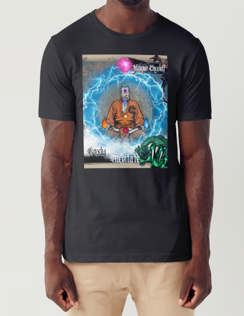 This T-shirt entitled "know thyself", features a spiritual guru with swirling energy surrounding him in meditation with fire elements in each hand and the 7-chakra energy's going through the body to remind us to ground ourselves spiritually and meditate to find peace and balance in life. There are also spiritual dragon guides in protection around the guru. Available in Black and White Color Variations and sizes Small through XX-Large. This is an authentic shirt from the Mike Roxly Collection.