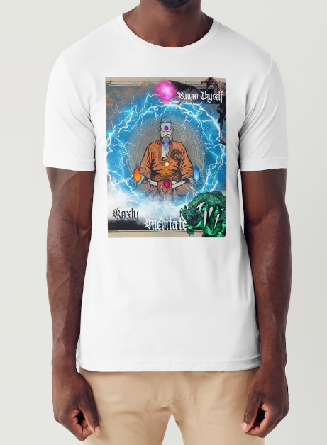 This T-shirt entitled "know thyself", features a spiritual guru with swirling energy surrounding him in meditation with fire elements in each hand and the 7-chakra energy's going through the body to remind us to ground ourselves spiritually and meditate to find peace and balance in life. There are also spiritual dragon guides in protection around the guru. Available in Black and White Color Variations and sizes Small through XX-Large. This is an authentic shirt from the Mike Roxly Collection.