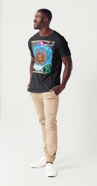 This T-shirt entitled "know thyself", features a spiritual guru with swirling energy surrounding him in meditation with fire elements in each hand and the 7-chakra energy's going through the body to remind us to ground ourselves spiritually and meditate to find peace and balance in life. There are also spiritual dragon guides in protection around the guru. Available in Black and White Color Variations and sizes Small through XX-Large. This is an authentic shirt from the Mike Roxly Collection.
