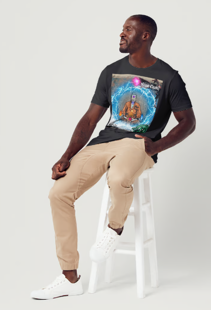 This T-shirt entitled "know thyself", features a spiritual guru with swirling energy surrounding him in meditation with fire elements in each hand and the 7-chakra energy's going through the body to remind us to ground ourselves spiritually and meditate to find peace and balance in life. There are also spiritual dragon guides in protection around the guru. Available in Black and White Color Variations and sizes Small through XX-Large. This is an authentic shirt from the Mike Roxly Collection.