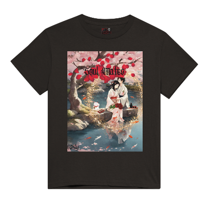 "Experience the peaceful and romantic Japanese culture with our Female White or black color Cotton shirt. Featuring a relaxed fit and stunning design of Japanese Soul Mates sitting by a smiling white cat under a Red Cherry Blossom tree and koi fishpond on date night eating sushi with saki, this shirt is perfect for a night out. Add a touch of Japanese anime to your wardrobe. This is part of Mike Roxly's Collection.