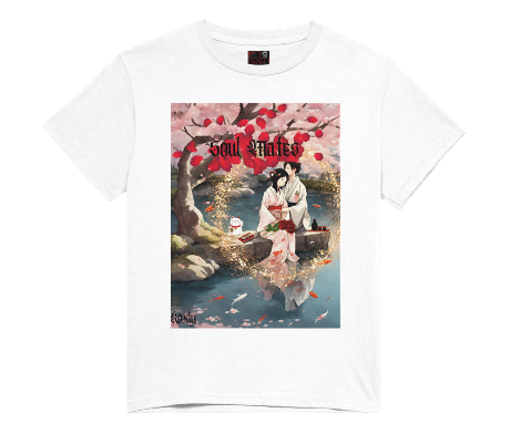 "Experience the peaceful and romantic Japanese culture with our Female White or black color Cotton shirt. Featuring a relaxed fit and stunning design of Japanese Soul Mates sitting by a smiling white cat under a Red Cherry Blossom tree and koi fishpond on date night eating sushi with saki, this shirt is perfect for a night out. Add a touch of Japanese anime to your wardrobe. This is part of Mike Roxly's Collection.