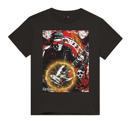This shirt's art design is entitled energy to focus on the energy we receive playing and listening to music particularly through sound vibration. In the art you can see energy pulsing from the musicians strumming of the guitar with swirling energy around the musician. This shirt features a guitarist, skulls, energy streams, with a rock and roll aesthetic. Available in Black or Red color t-shirts. This is part of the Mike Roxly Collection.
