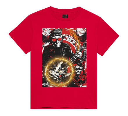 This shirt's art design is entitled energy to focus on the energy we receive playing and listening to music particularly through sound vibration. In the art you can see energy pulsing from the musicians strumming of the guitar with swirling energy around the musician. This shirt features a guitarist, skulls, energy streams, with a rock and roll aesthetic. Available in Black or Red color t-shirts. This is part of the Mike Roxly Collection.