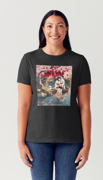"Experience the peaceful and romantic Japanese culture with our Female White or black color Cotton shirt. Featuring a relaxed fit and stunning design of Japanese Soul Mates sitting by a smiling white cat under a Red Cherry Blossom tree and koi fishpond on date night eating sushi with saki, this shirt is perfect for a night out. Add a touch of Japanese anime to your wardrobe. This is part of Mike Roxly's Collection.