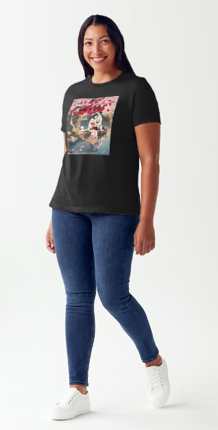"Experience the peaceful and romantic Japanese culture with our Female White or black color Cotton shirt. Featuring a relaxed fit and stunning design of Japanese Soul Mates sitting by a smiling white cat under a Red Cherry Blossom tree and koi fishpond on date night eating sushi with saki, this shirt is perfect for a night out. Add a touch of Japanese anime to your wardrobe. This is part of Mike Roxly's Collection.