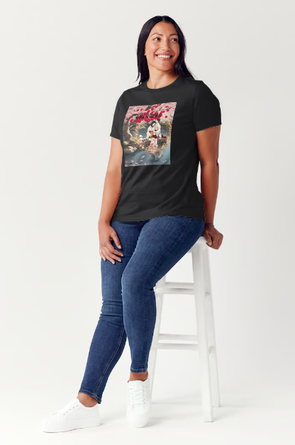 "Experience the peaceful and romantic Japanese culture with our Female White or black color Cotton shirt. Featuring a relaxed fit and stunning design of Japanese Soul Mates sitting by a smiling white cat under a Red Cherry Blossom tree and koi fishpond on date night eating sushi with saki, this shirt is perfect for a night out. Add a touch of Japanese anime to your wardrobe. This is part of Mike Roxly's Collection.