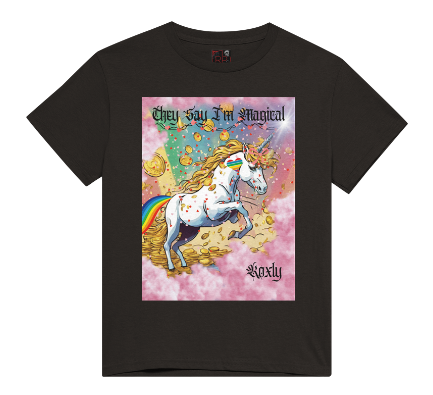 This is a black t-shirt entitled "they say I'm magical", features a White unicorn with a blinding light from its' horn, a golden mane and a rainbow tail galloping through cotton candy pink clouds filled with raining golden coins and a multicolor background. This shirt is for the bold unapologetically yourself type of guy. YOLO. This is part of the Mike Roxly Collection.