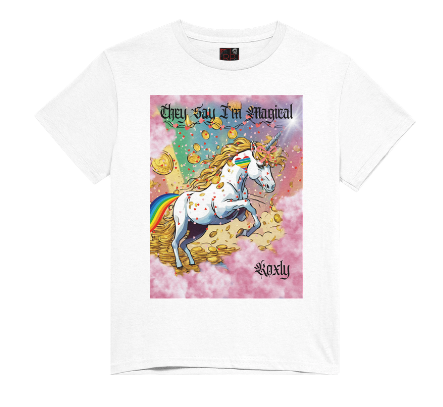 This is a black t-shirt entitled "they say I'm magical", features a White unicorn with a blinding light from its' horn, a golden mane and a rainbow tail galloping through cotton candy pink clouds filled with raining golden coins and a multicolor background. This shirt is for the bold unapologetically yourself type. YOLO. This is part of the Mike Roxly Collection.