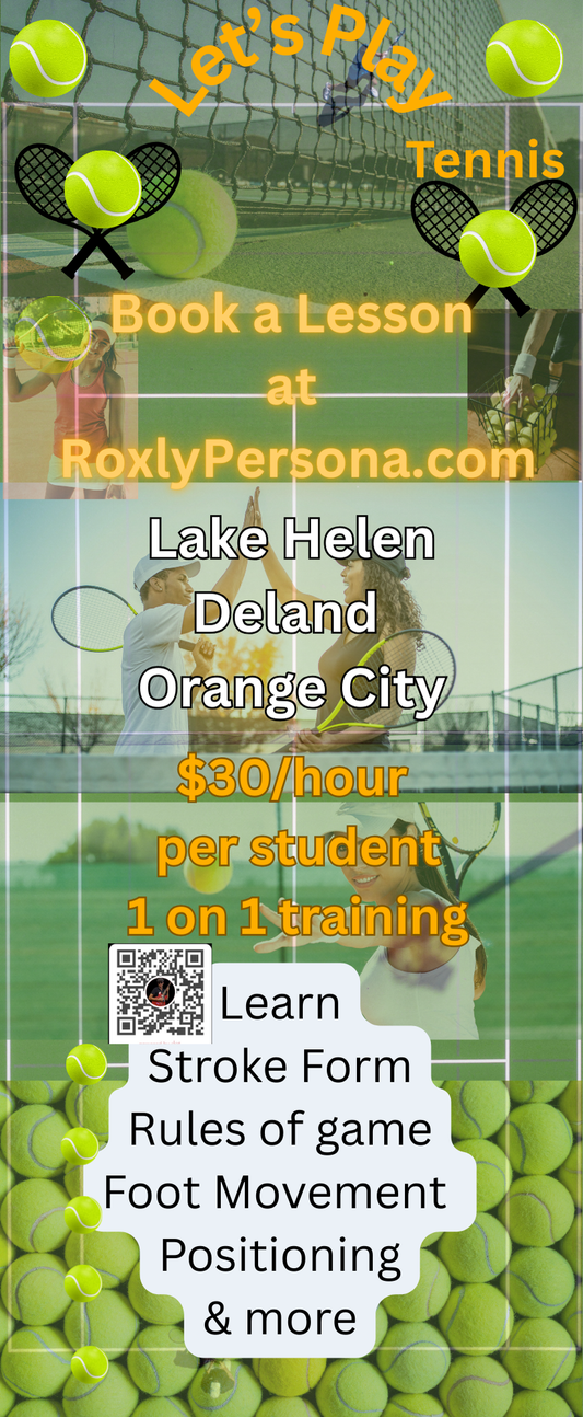 This is a photo of an ad that explains where Tennis lessons are given by Mike Roxly in Central Florida in cities such as Lake Helen, Deland, and Orange City. It's beautifully displayed with vibrant colors showing Tennis courts, Tennis balls, and players enjoying Tennis.