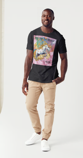 This is a black t-shirt entitled "they say I'm magical", features a White unicorn with a blinding light from its' horn, a golden mane and a rainbow tail galloping through cotton candy pink clouds filled with raining golden coins and a multicolor background. This shirt is for the bold unapologetically yourself type of guy. YOLO. This is part of the Mike Roxly Collection.