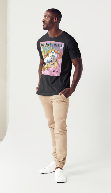 This is a black t-shirt entitled "they say I'm magical", features a White unicorn with a blinding light from its' horn, a golden mane and a rainbow tail galloping through cotton candy pink clouds filled with raining golden coins and a multicolor background. This shirt is for the bold unapologetically yourself type of guy. YOLO. This is part of the Mike Roxly Collection.