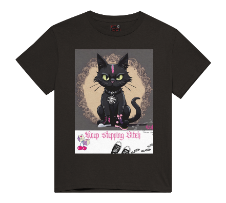 "The 'Keep Stepping Bitch' t-shirt packs a punch with its sassy black cat and bold pink lightning bolt design. Complete with punk/gothic boots, lucky dice, and sexy red cherries, this shirt exudes confidence and attitude. Perfect for those who are unapologetically themselves. Get ready to step up your style game." Available in Black color t-shirt and sizes small through XX-Large. This is part of the Mike Roxly Collection.