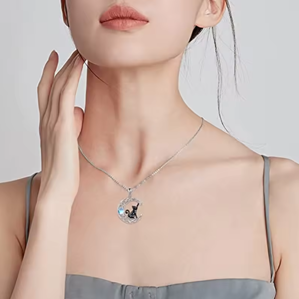 Women's Black Cat in Moon Necklace