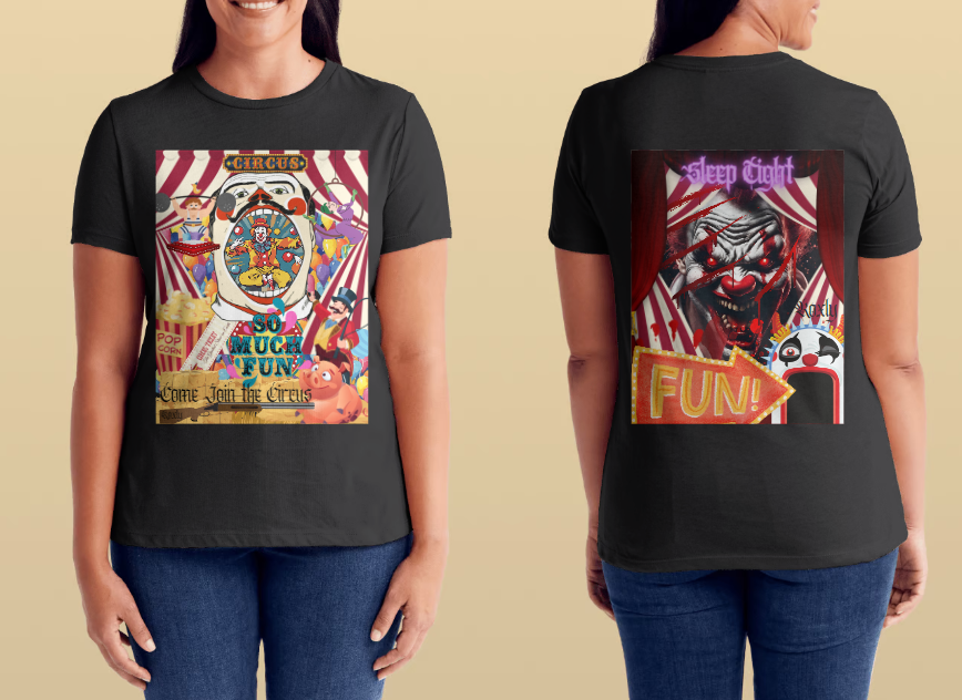 "Embrace the thrill of risk with our black cotton "Come Join the Circus", evil clown shirt. Perfect for the circus or fun house, this regular fit shirt features a happy pig, shotgun, and circus handler, all surrounded by colorful balloons. Dare to be bold and stand out in this daring women's shirt!"