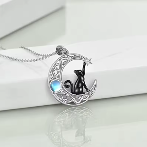 Women's Black Cat in Moon Necklace