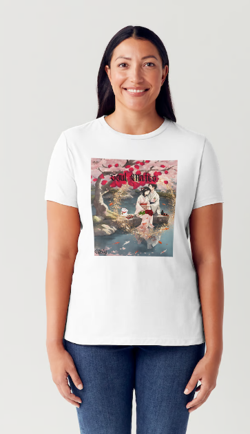 "Experience the peaceful and romantic Japanese culture with our Female White or black color Cotton shirt. Featuring a relaxed fit and stunning design of Japanese Soul Mates sitting by a smiling white cat under a Red Cherry Blossom tree and koi fishpond on date night eating sushi with saki, this shirt is perfect for a night out. Add a touch of Japanese anime to your wardrobe. This is part of Mike Roxly's Collection.