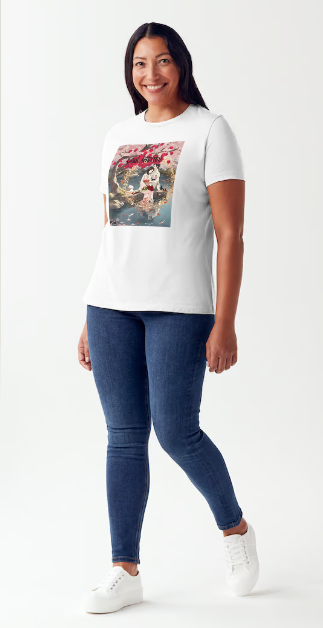 "Experience the peaceful and romantic Japanese culture with our Female White or black color Cotton shirt. Featuring a relaxed fit and stunning design of Japanese Soul Mates sitting by a smiling white cat under a Red Cherry Blossom tree and koi fishpond on date night eating sushi with saki, this shirt is perfect for a night out. Add a touch of Japanese anime to your wardrobe. This is part of Mike Roxly's Collection.