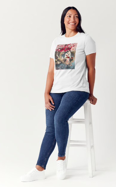 "Experience the peaceful and romantic Japanese culture with our Female White or black color Cotton shirt. Featuring a relaxed fit and stunning design of Japanese Soul Mates sitting by a smiling white cat under a Red Cherry Blossom tree and koi fishpond on date night eating sushi with saki, this shirt is perfect for a night out. Add a touch of Japanese anime to your wardrobe. This is part of Mike Roxly's Collection.