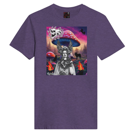 This is a picture of a purple graphic tee shirt with picture of Hecate with torches on either side black wolves howling in the background by a large mushroom tree the size of a house. There is a forest in the back ground with a blacked out unicorn in the sky. In front of and on the top side of the Large mushroom is a couple of skulls encircled with a heart shape of leaves.