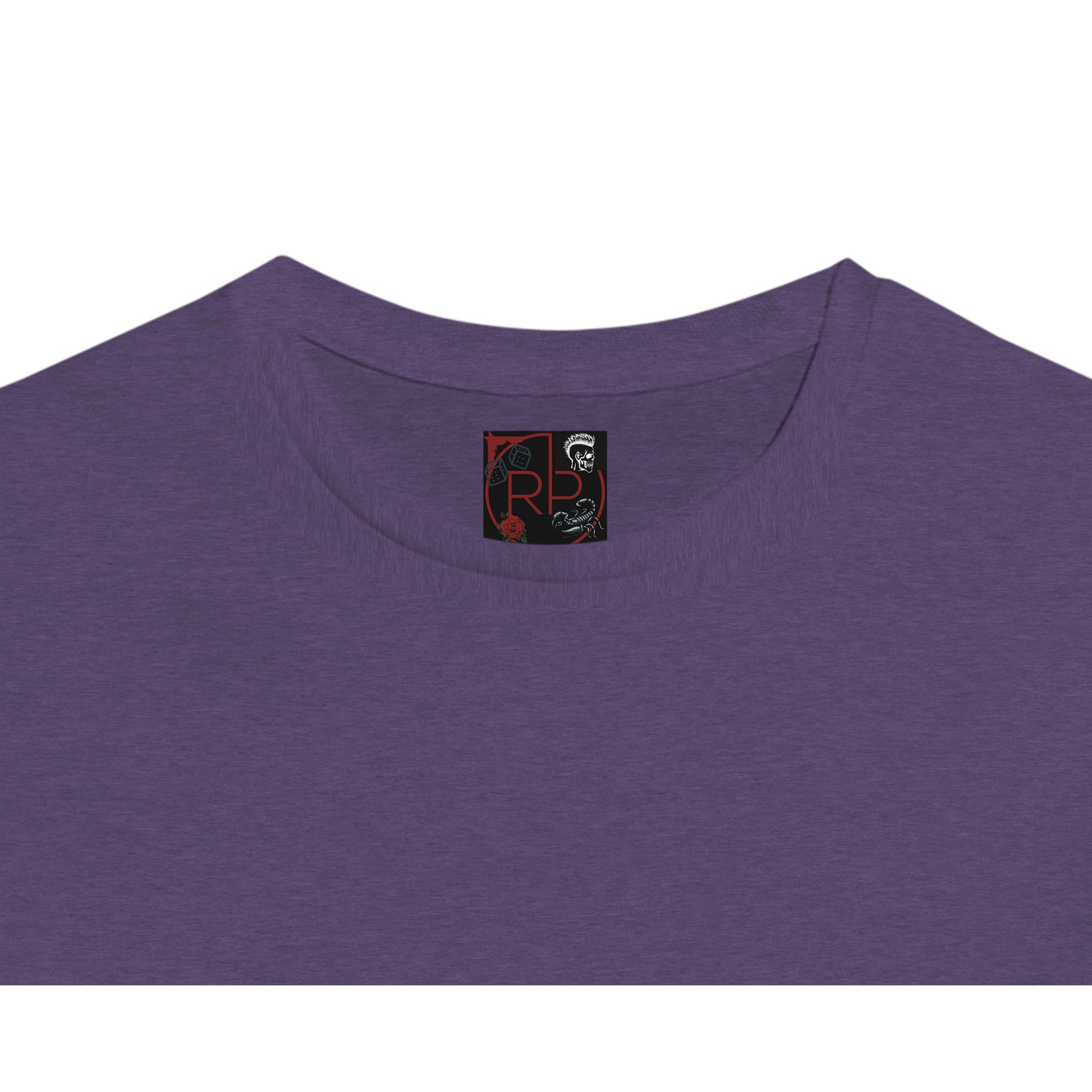 This is a picture of a purple tee shirt top showing the brand tag logo. The logo is for Roxly Persona, showing RP, dice, a black scorpion, and a skull with a mow hawk.