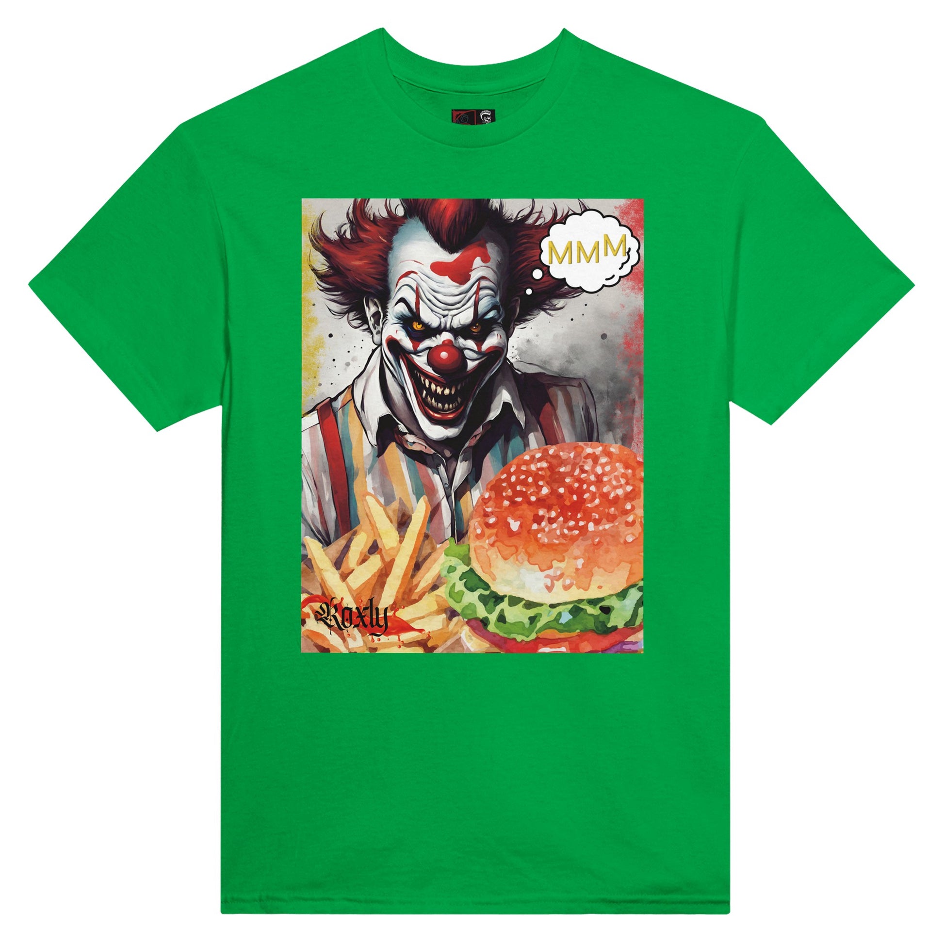 This is a picture of roxly persona's green graphic tee shirt. The shirt has an evil looking clown smiling in the back with cloud thought MMM. In front is displayed a tasty looking burger and fries.