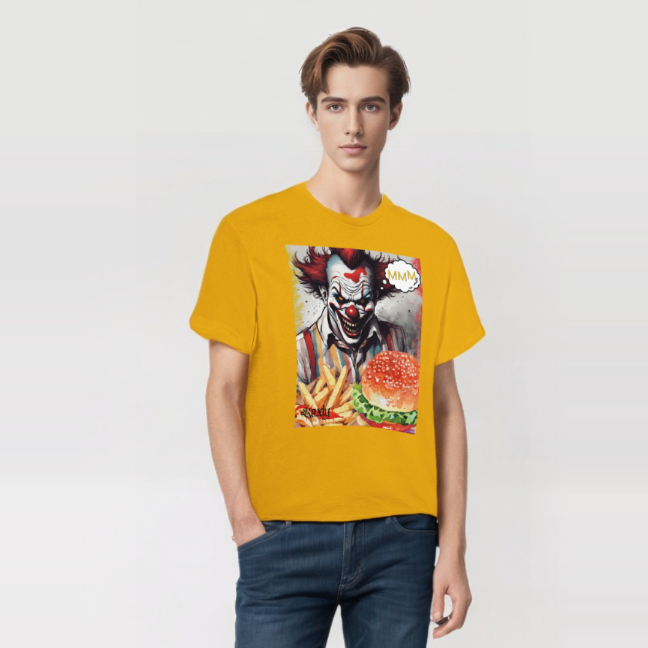 This is a picture of a white model wearing roxly persona's mustard yellow graphic tee shirt. The shirt has an evil looking clown smiling in the back with cloud thought MMM. In front is displayed a tasty looking burger and fries.