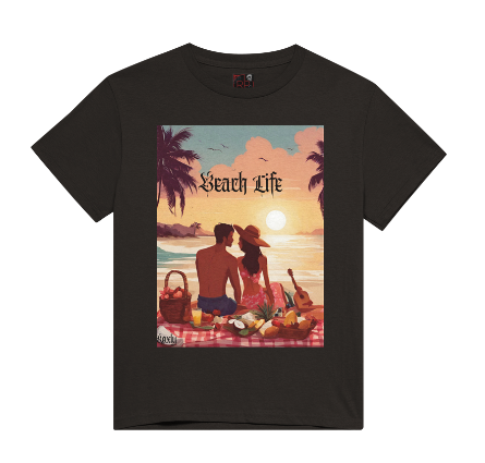 "Beach Life" men's graphic t-shirt. The shirt itself is black in color. Made of soft and breathable cotton, this shirt embodies the perfect beach day with a romantic scene full of warm colors, it features a couple enjoying a sunset picnic surrounded by palm trees by the ocean. Let the bold design and adventurous spirit inspire your next adventure!"  This is a Mike Roxly collection T-shirt