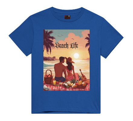 "Beach Life" men's graphic t-shirt. The shirt itself is Blue in color. Made of soft and breathable cotton, this shirt embodies the perfect beach day with a romantic scene full of warm colors, it features a couple enjoying a sunset picnic surrounded by palm trees by the ocean. Let the bold design and adventurous spirit inspire your next adventure!" This is a Mike Roxly collection T-shirt