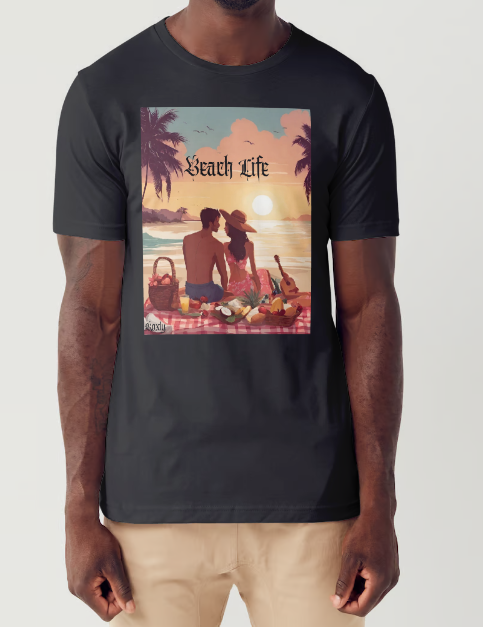 This is a model wearing a t-shirt entitled "Beach Life" men's graphic t-shirt. The shirt itself is black in color. Made of soft and breathable cotton, this shirt embodies the perfect beach day with a romantic scene full of warm colors, it features a couple enjoying a sunset picnic surrounded by palm trees by the ocean. Let the bold design and adventurous spirit inspire your next adventure!" This is a Mike Roxly collection T-shirt