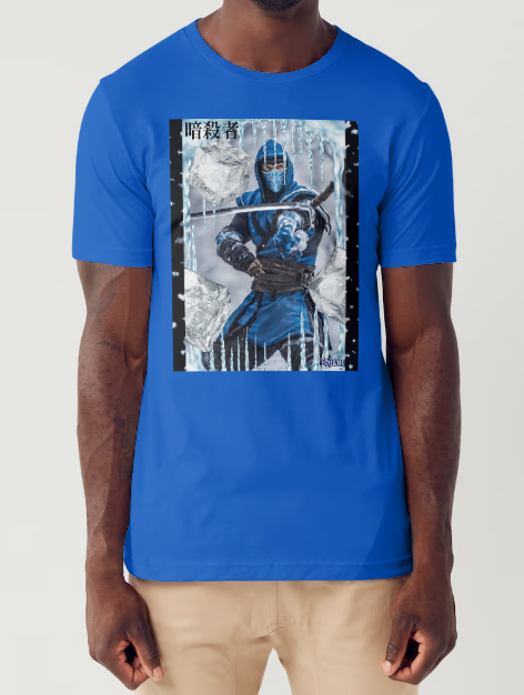 "Unleash your inner warrior with our "Blue Assassin" t-shirt! Made with cool cotton and a regular fit, this blue ninja design is sure to make a statement. Embrace the power of ice and conquer your day in style. Available in a bold blue color, this shirt is perfect for those who love taking risks and standing out from the crowd!" This is part of the Mike Roxly Collection.